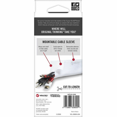 VELCRO Mountable Cut-To-Length Cable Sleeves - Cable Sleeve - White - 1 - 36" Length (VEK30800)