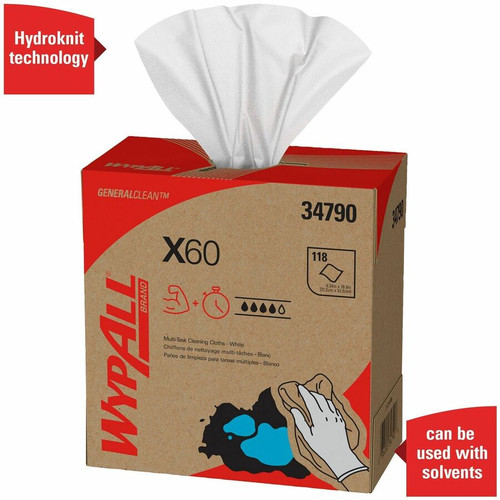 Wypall GeneralClean X60 Multi-Task Cleaning Cloths - Pop-Up Box - 8.34" x 16.80" - White - - 118 - (KCC34790CT)