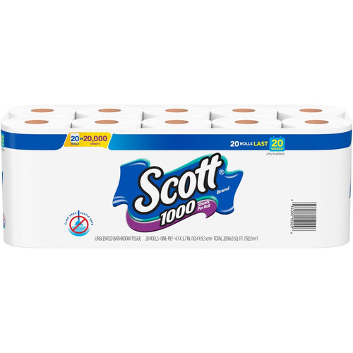 Scott Toilet Paper - 1 Ply - 1000 Sheets/Roll - White - Paper - 20 / Pack (KCC20032)
