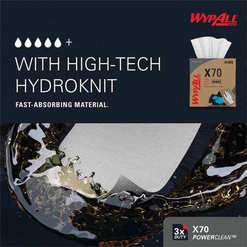Wypall PowerClean X70 Medium Duty Cloths - Pop-Up Box - 8.34" x 16.80" - White - Hydroknit - 100 - (KCC41455CT)