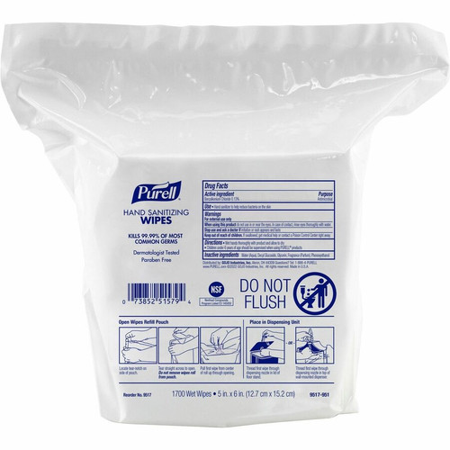 PURELL Refill Pouch Hand Sanitizing Wipes - 5" x 6" - 1700 Sheets - White Per Pouch - 4 / (GOJ951704)