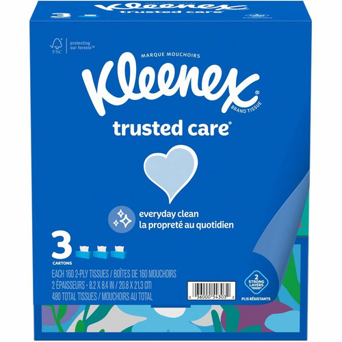 Kleenex trusted care Tissues - 2 Ply - 8.40" x 8.50" - White - 160 Per Box - 3 / Pack (KCC54303)