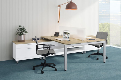 Dual L" Workstations with Low Storage and Riser Legs Dual L" Workstations with Low Storage and Riser Legs