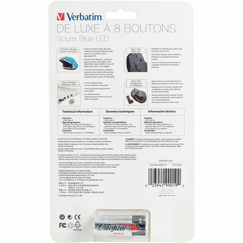 Verbatim Wireless Desktop 8-Button Deluxe Blue LED Mouse - Blue - Blue LED/Optical - Wireless - - - (VER99019)