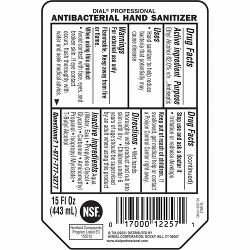 Dial Professional Hand Sanitizer Gel Refill - 15 fl oz (443.6 mL) - Bacteria Remover - Hand - Clear (DIA12258)
