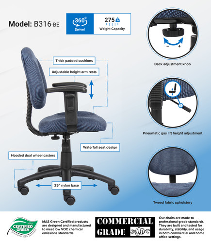 Boss Blue  Deluxe Posture Chair W/ Adjustable Arms (B316-BE)