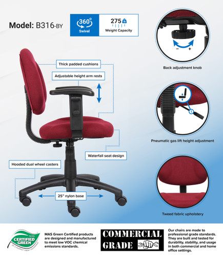 Boss Burgundy  Deluxe Posture Chair W/ Adjustable Arms (B316-BY)