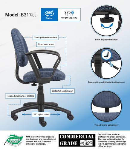 Boss Blue  Deluxe Posture Chair W/ Loop Arms (B317-BE)