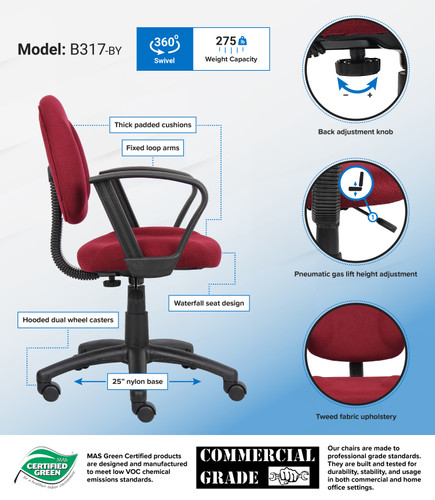 Boss Burgundy  Deluxe Posture Chair W/ Loop Arms (B317-BY)