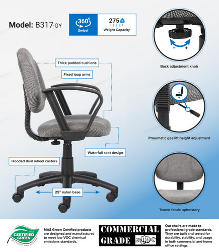 Boss Grey  Deluxe Posture Chair W/ Loop Arms (B317-GY)