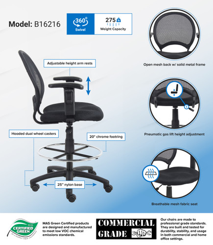 Boss Mesh Drafting Stool W/ Adjustable Arms (B16216)