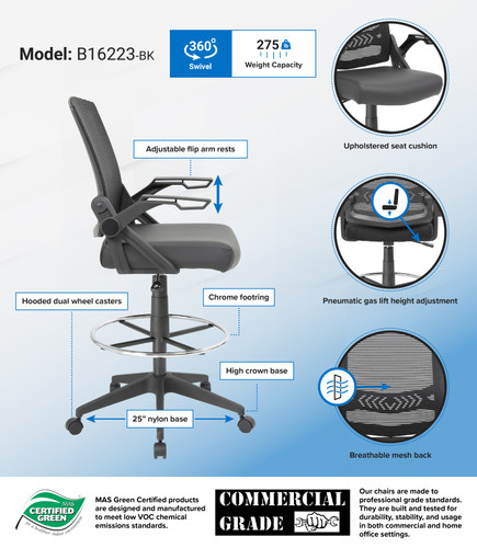Boss Mesh Drafting Stool w/ Flip Arms (B16223-BK)