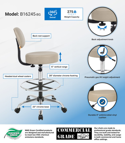 Boss Caressoft Medical/Drafting Stool W/ Back Cushion (B16245-BG)