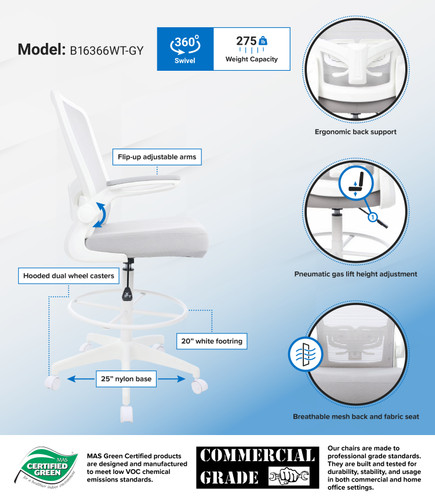 Boss Grey Mesh, Flip Arm, Stool (B16366WT-GY)