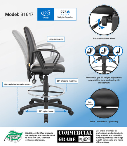 Boss Multi-Function LeatherPlus Drafting Stool W/ Loop Arms (B1647)