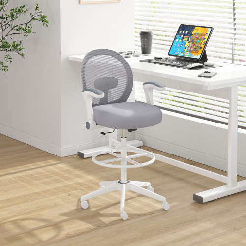 Boss Grey Mesh, Flip Arm, Stool, White Frame (B1676WT-GY)