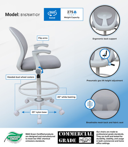 Boss Grey Mesh, Flip Arm, Stool, White Frame (B1676WT-GY)