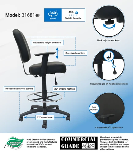 Boss 300 lb Heavy Duty Office Stool, Black (B1681-BK)