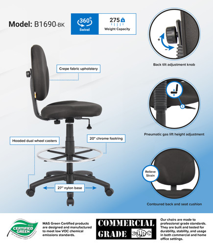 Boss Black Fabric Drafting Stools W/Footring (B1690-BK)