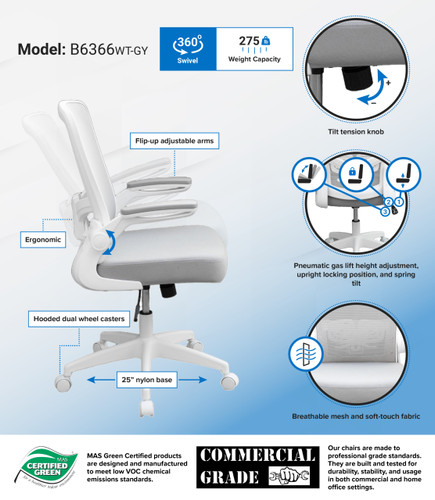 Boss Grey Mesh, Flip Arm, Task Chair, White Frame (B6366WT-GY)