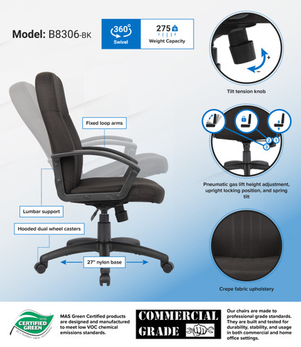 Boss Mid Back Fabric Managers Chair In Black (B8306-BK)
