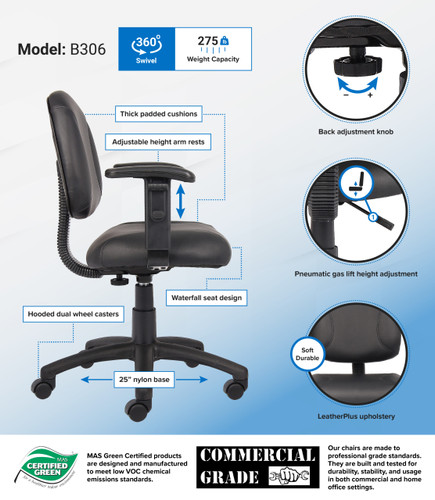Boss Black Posture Chair W/ Adjustable Arms (B306)