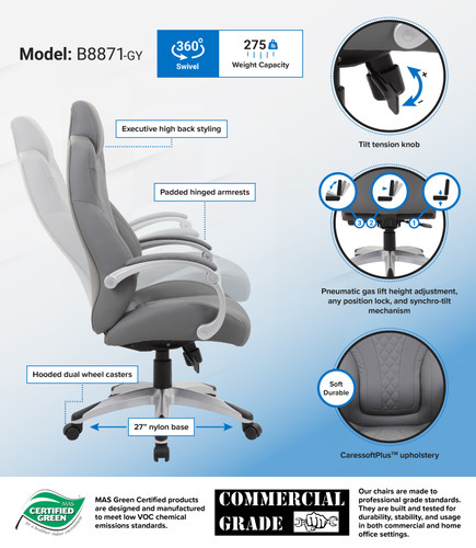 Boss Executive Hinged Arm Chair - Grey (B8871-GY)