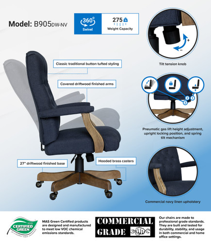 BOSS Executive Navy Commercial Grade Linen Chair With Driftwood Finish Frame (B905DW-NV)