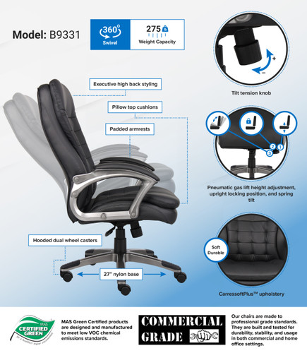 Boss High Back Executive Chair With Pewter Finished Base/Arms (B9331)