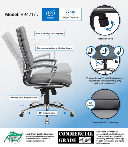 Boss Executive CaressoftPlus Chair with Metal Chrome Finish (B9471-GY)