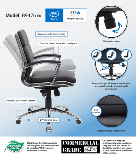 Boss Executive CaressoftPlus Chair with Metal Chrome Finish - Mid Back (B9476-BK)