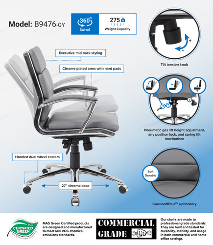 Boss Executive CaressoftPlus Chair with Metal Chrome Finish - Mid Back (B9476-GY)