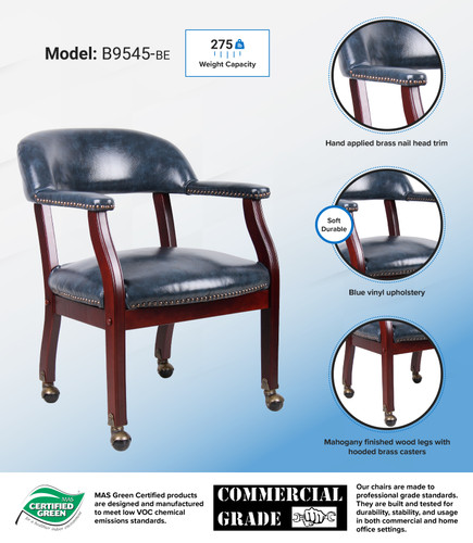 Boss Captain's guest, accent or dining chair in Blue Vinyl W/ Casters (B9545-BE)