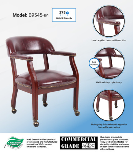 Boss Captain's guest, accent or dining chair in Burgundy Vinyl W/ Casters (B9545-BY)