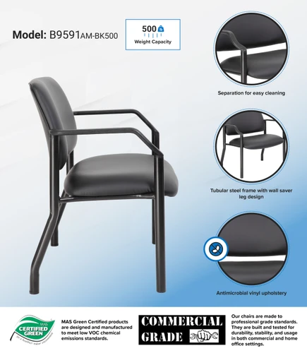 Boss Antimicrobial Guest Chair, 500 lb. weight capacity (B9591AM-BK-500) Boss Antimicrobial Guest Chair, 500 lb. weight capacity (B9591AM-BK-500)