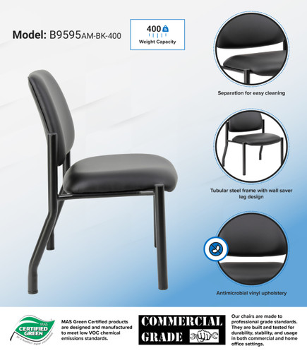 Boss Antimicrobial Armless Guest Chair, 300 lb. weight capacity (B9595AM-BK)
