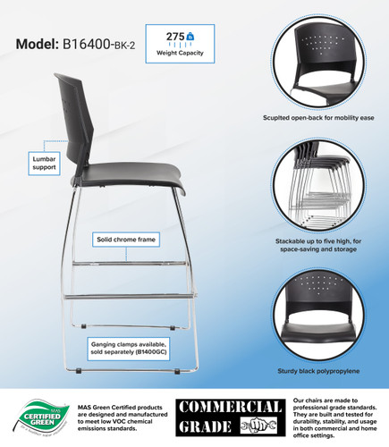 Boss Black Stool With Chrome Frame (set of 2) (B16400-BK-2)