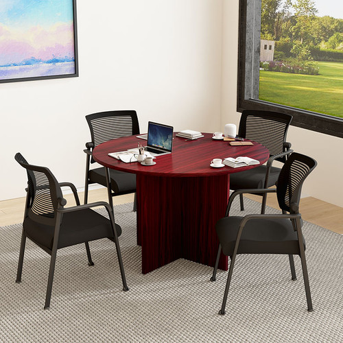 Boss Office Suite Office Products 47"W Executive Round Conference Table and Chairs, Mahogany (GROUP123M-B)