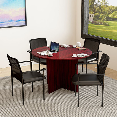 Boss Office Suite Office Products 47"W Executive Round Conference Table and Chairs, Mahogany (GROUP123M-C)