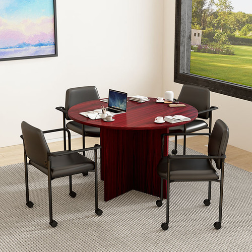 Boss Office Suite Office Products 47"W Executive Round Conference Table and Chairs, Mahogany (GROUP123M-D)