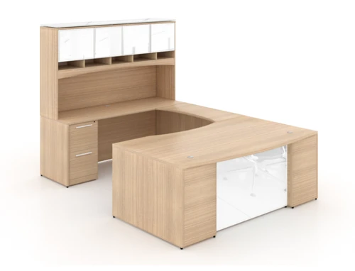 U-Shaped Bow front Desk with Glass Modesty Panel and Hutch (P-105-MI(GROUP))