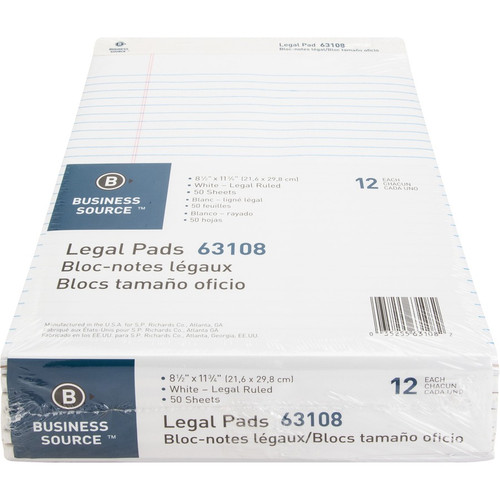 Business Source Micro-Perforated Legal Ruled Pads - 50 Sheets - 0.34" Ruled - 16 lb Basis Weight - (BSN63108)