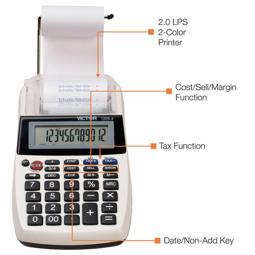 Victor 1205-4 12 Digit Portable Palm/Desktop Commercial Printing Calculator - 2 LPS - Friendly, - - (VCT12054)