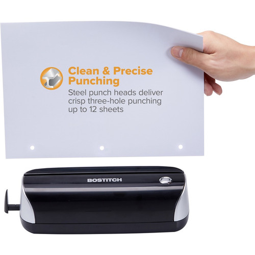 Bostitch Electric 3-Hole Punch - 3 Punch Head(s) - 12 Sheet of 20lb Paper - 9/32" Punch Size - 3.3" (BOSEHP3BLK)