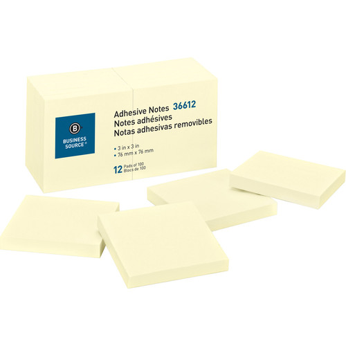 Business Source Yellow Repositionable Adhesive Notes - 3" x 3" - Square - Yellow - Repositionable, (BSN36612)