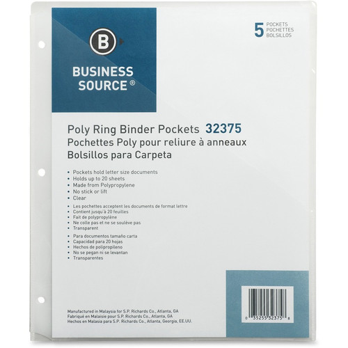 Business Source Poly Binder Pockets - 40 x Sheet Capacity - For Letter 8 1/2" x 11" Sheet - 3 x - - (BSN32375)