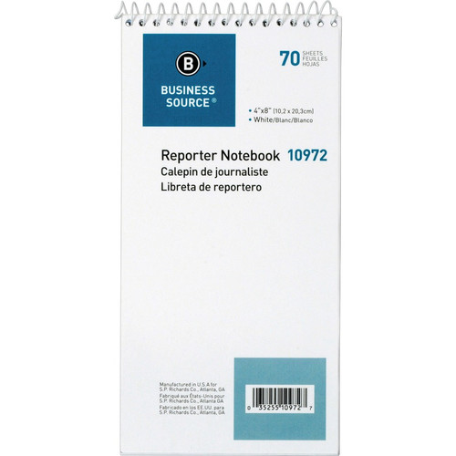 Business Source Coat Pocket-size Reporters Notebook - 70 Sheets - Spiral - 4" x 8" - White Paper - (BSN10972)