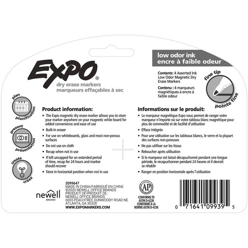 Expo Eraser Cap Fine Magnetic Dry Erase Markers - Medium, Fine, Broad Marker Point - Assorted - 4 / (SAN1944746)
