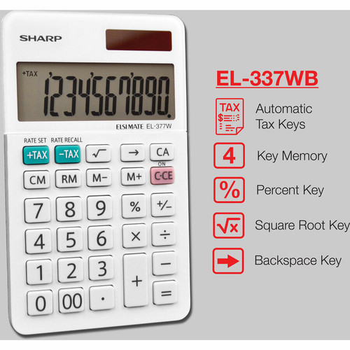 Sharp EL-377WB 10 Digit Professional Handheld Calculator - Extra Large Display, Durable, Plastic - (SHREL377WB)
