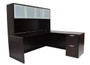 MOSSUITEPL46, L-Shaped Desk with Optional Drawers and Overhead Hutch with Frosted Glass Doors